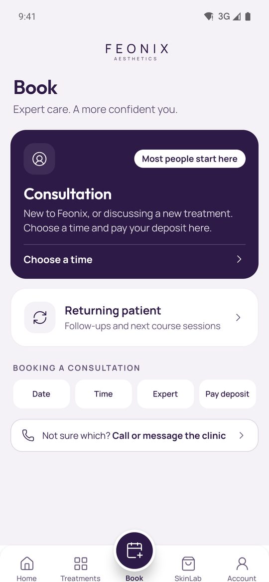The Feonix app Book screen: choose a consultation time, or book as a returning patient.
