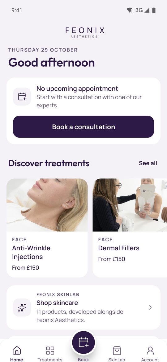 The Feonix app home screen, with Book a consultation, Discover treatments and Feonix SkinLab.