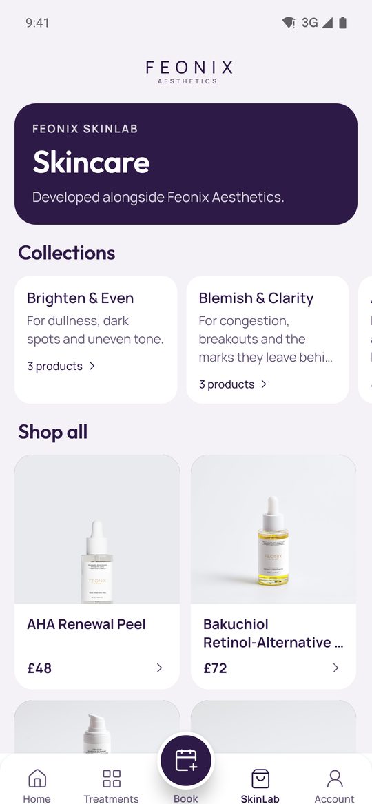 Feonix SkinLab in the app: skincare collections and products with prices.