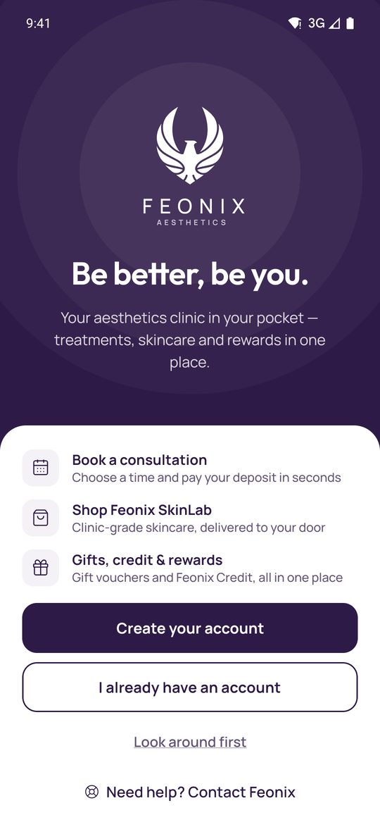 The Feonix app welcome screen: book a consultation, shop Feonix SkinLab, and gifts, credit and rewards.