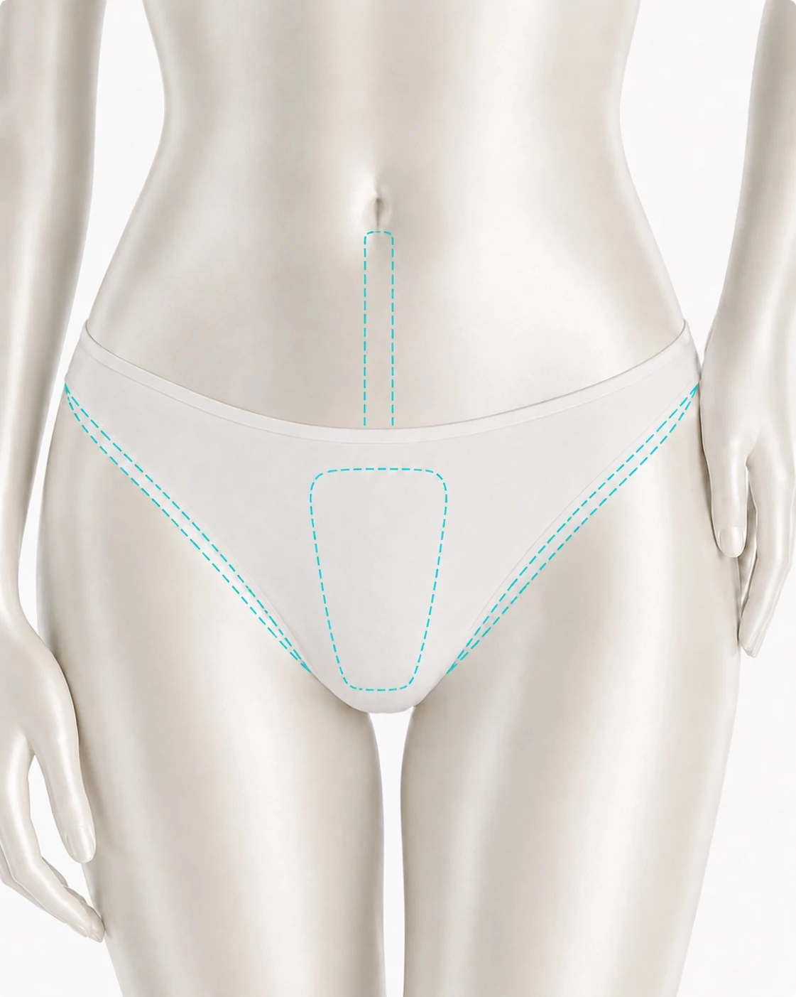 Diagram showing the two zones covered by the Bikini and Navel Pubic Line course: the bikini line running along both sides of the underwear edge at the top of the thigh, and the navel pubic line, a narrow central strip running from the pubic area up to the navel.