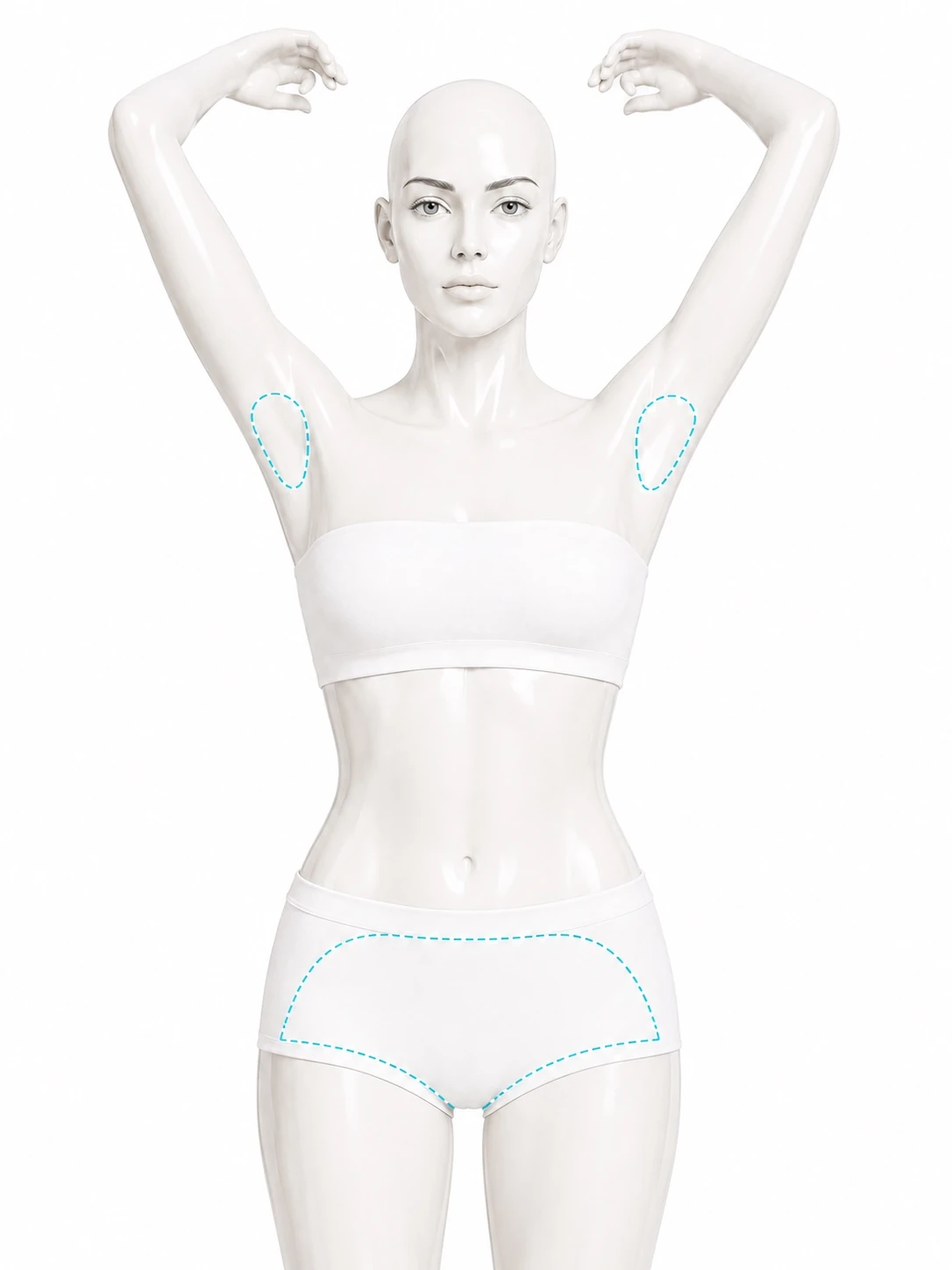 Front-view diagram with two treatment zones marked: the hair-bearing area of each underarm, shown with the arms raised, and the bikini area within the line of standard underwear.