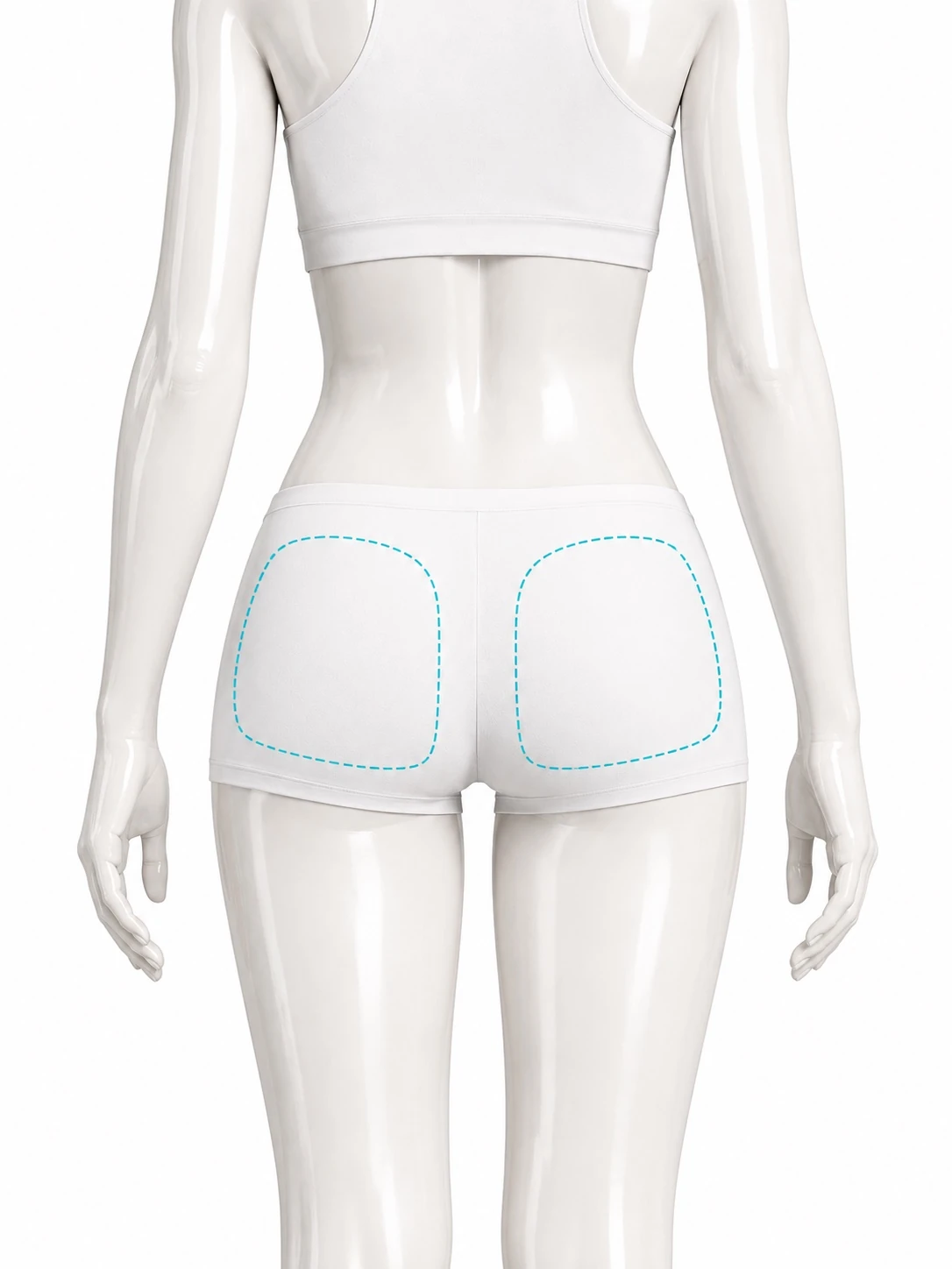 Rear-view diagram with the treatment zone marked on each buttock: the rounded area of both cheeks.