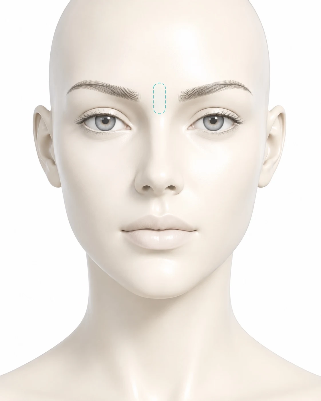 Diagram showing the centre brow treatment zone marked on the face: a small vertical strip between the eyebrows, above the bridge of the nose.