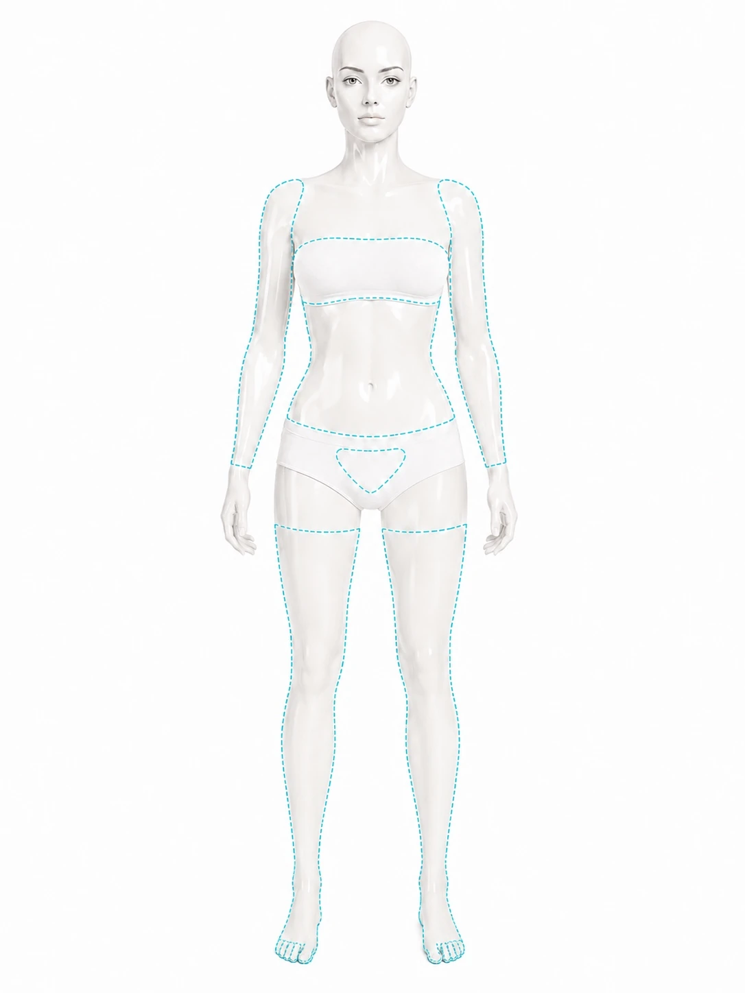 Full-length front-view diagram with the treatment zones marked: both arms from the shoulder down over the hands, the chest, the stomach, the bikini area, and both legs from the upper thigh down over the feet. The face and neck are not marked.