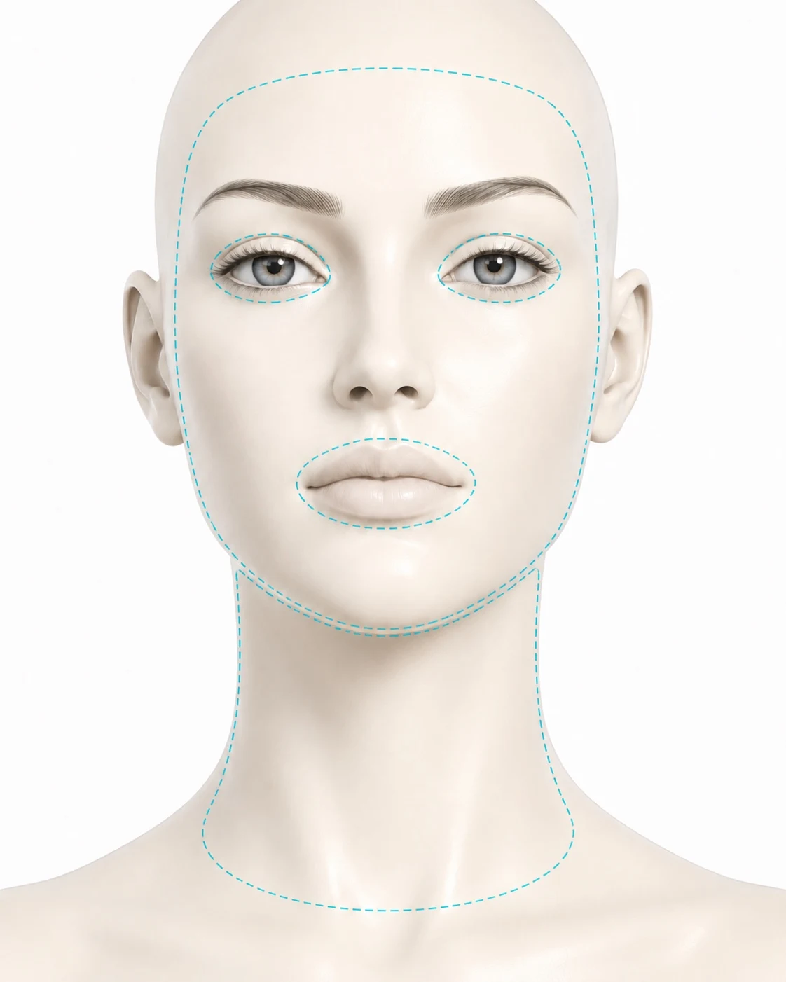 Diagram showing the full face and neck treatment zone: an outline running from the hairline down over the face and the front of the neck to the collarbone, with the area around each eye and the area around the mouth outlined separately as zones that are not treated.