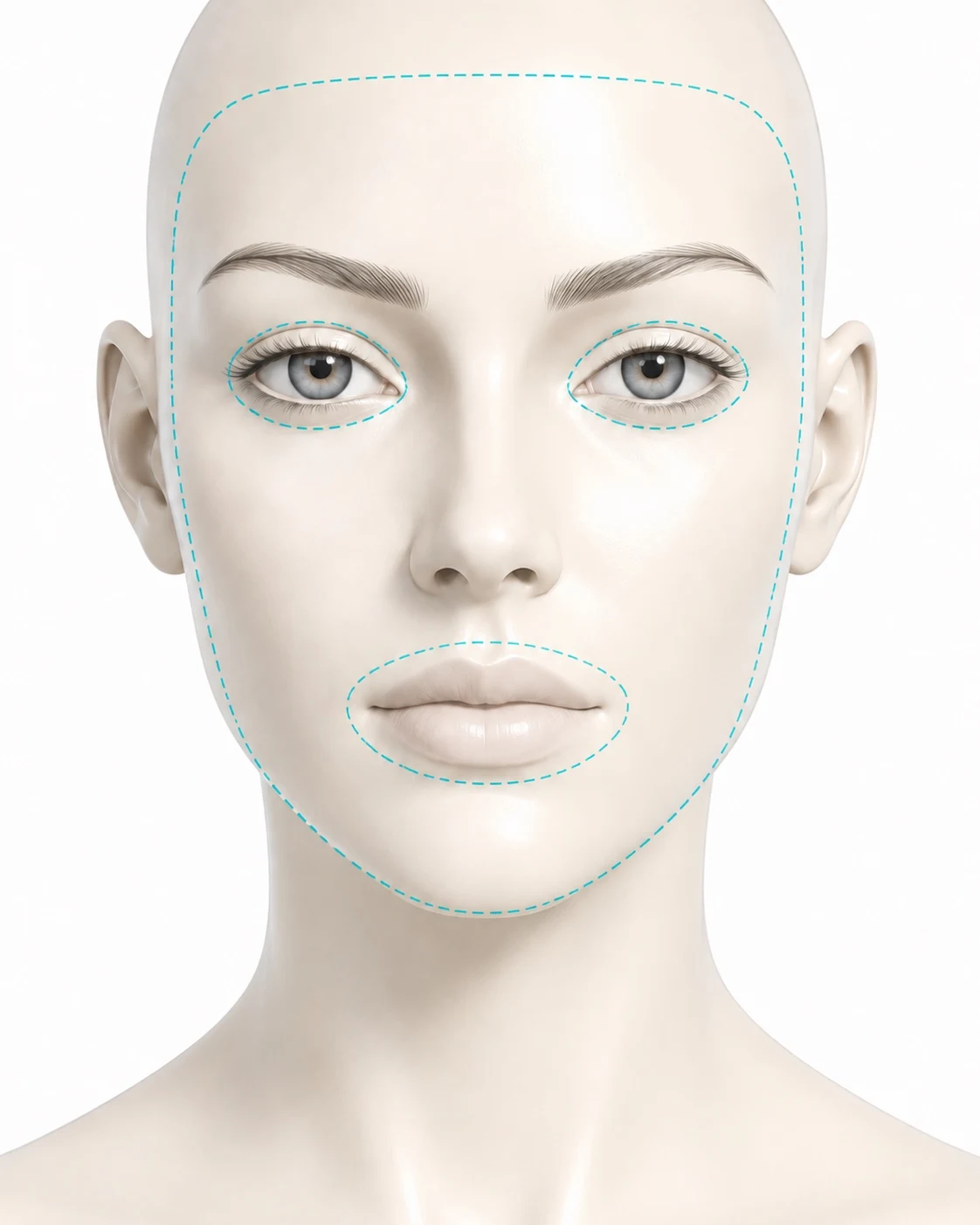 Diagram showing the full face treatment zone marked on the face: an outline running from the hairline down to the jawline, with the area around each eye and the area around the mouth outlined separately as zones that are not treated.