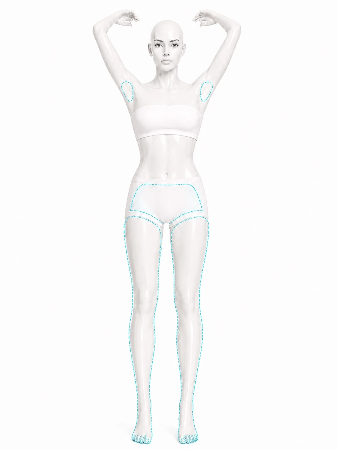 Full-length front-view diagram with three treatment zones marked: both underarms shown with the arms raised, the bikini area, and both legs in full from the top of the thigh down over the feet and toes.