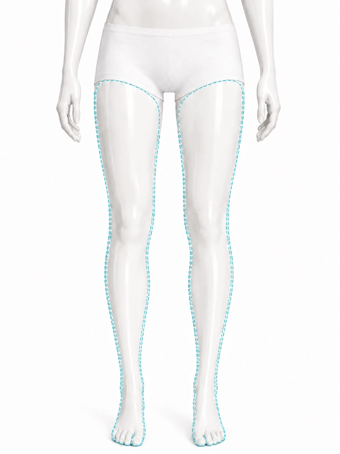Front-view diagram with the treatment zone marked on both legs: the whole of each leg from the top of the thigh down over the ankle, continuing over the feet and toes.