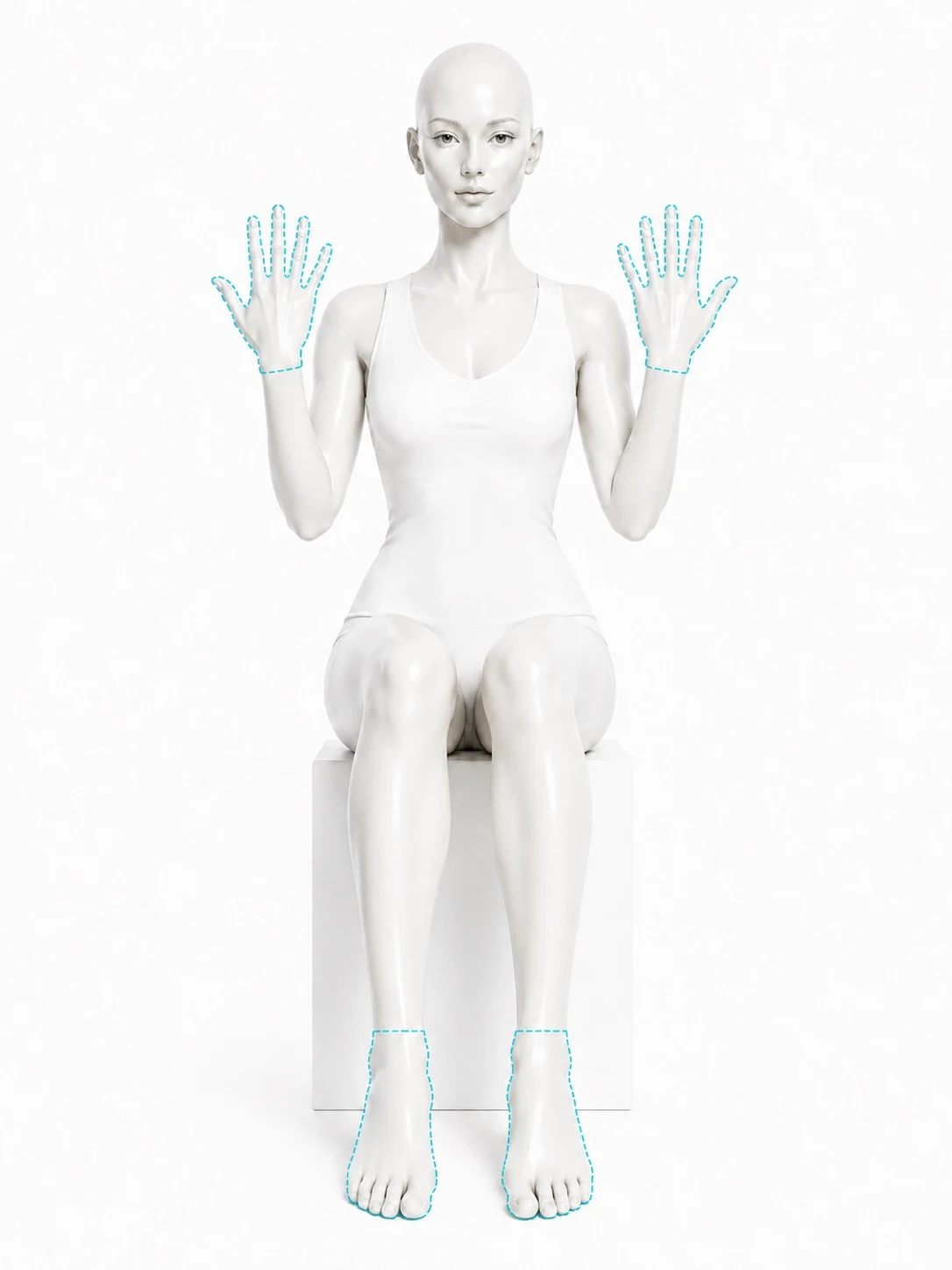 Diagram showing the hands and feet treatment zones: both hands including the fingers, and both feet including the toes.