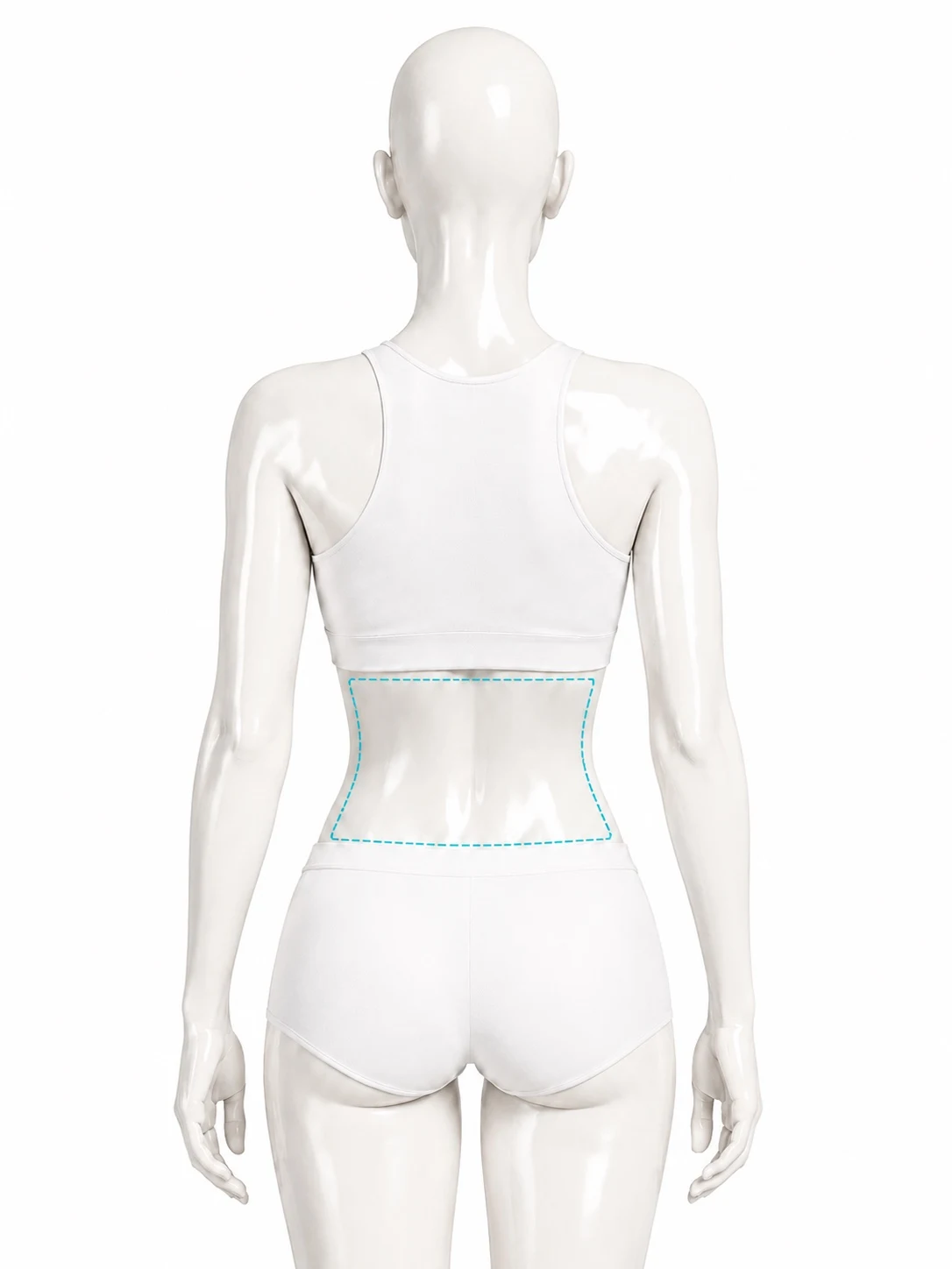 Diagram showing the lower back treatment zone marked from behind: the band across the lower back, from the waist down to the top of the underwear line.