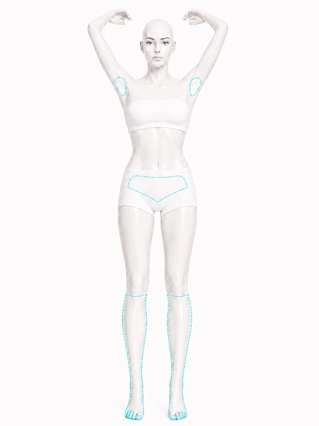 Full-length front-view diagram with three treatment zones marked: both underarms shown with the arms raised, the bikini area, and both lower legs from below the knee down over the feet and toes.