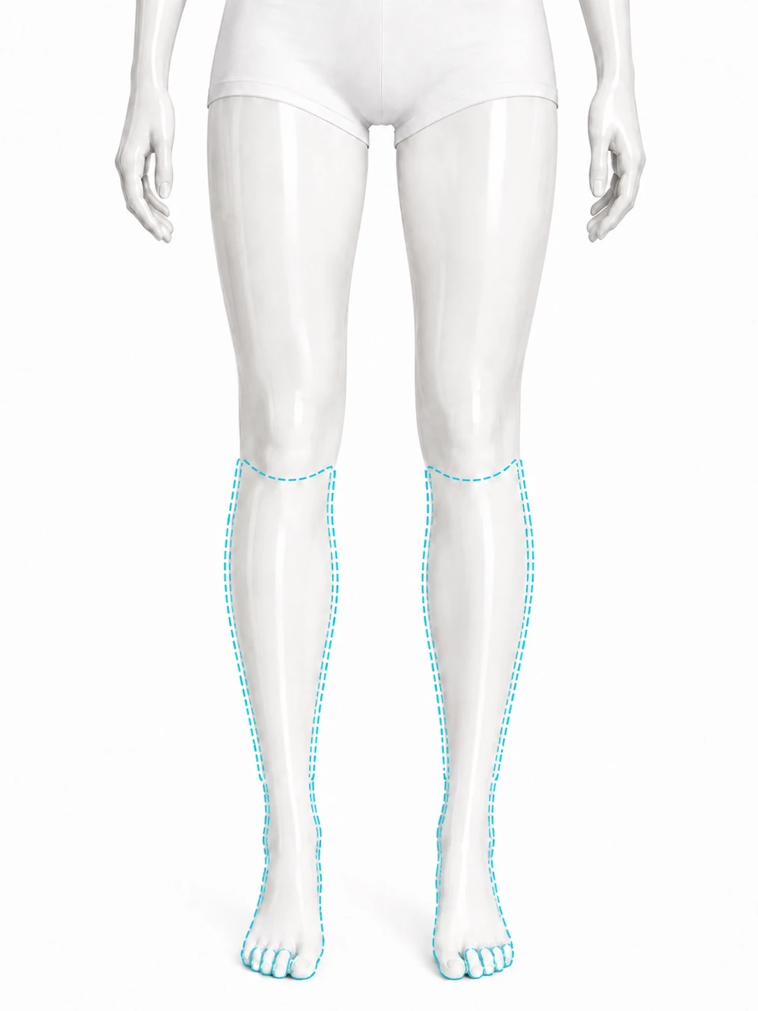 Front-view diagram with the treatment zone marked on both lower legs: from just below the knee down over the ankle, continuing over the feet and toes.