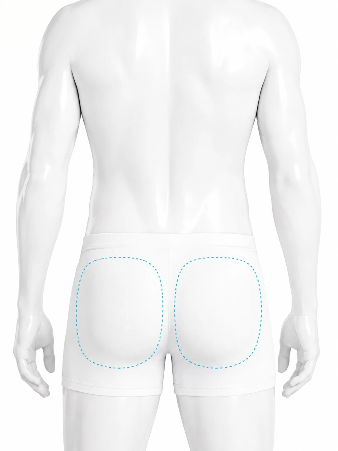 Rear-view diagram of a man with the treatment zone marked on each buttock: the rounded area of both cheeks.