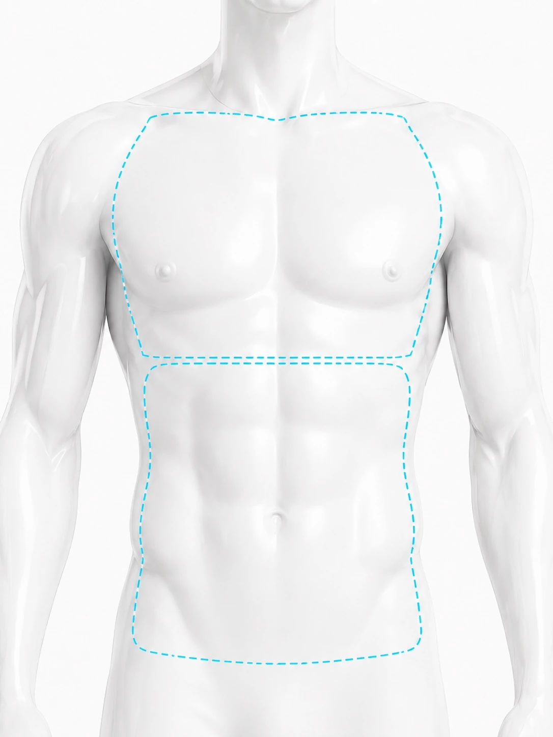 Front-view diagram of a man's torso with two treatment zones marked: the chest from the collarbone down to below the pectorals, and the stomach from there down to the waistband.