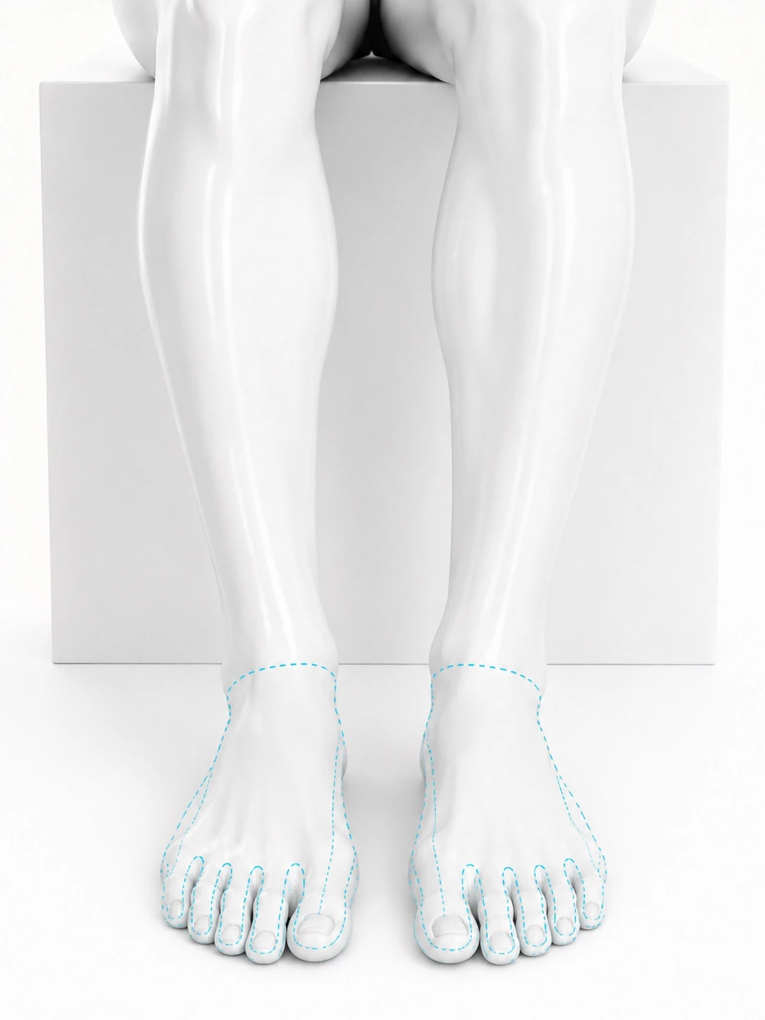 Diagram of both feet from the ankle down, with the treatment zone marked: the top of each foot and each individual toe. The outline stops at the ankle.