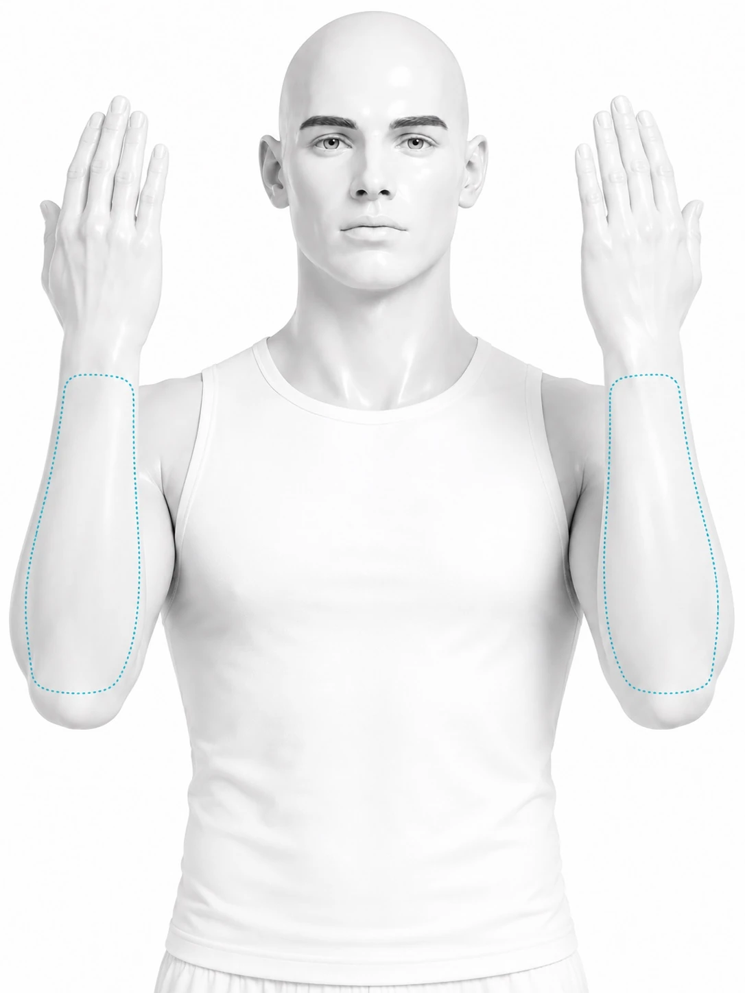 Front-view diagram of a man with both arms raised and the treatment zone marked on each forearm: from just below the elbow, down the forearm.