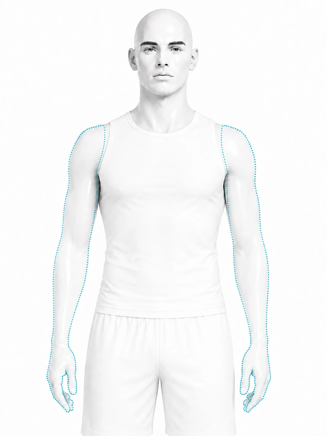 Front-view diagram of a man with the treatment zone marked on both arms: the whole arm from the shoulder, down over the upper arm, elbow and forearm, continuing over the hands.