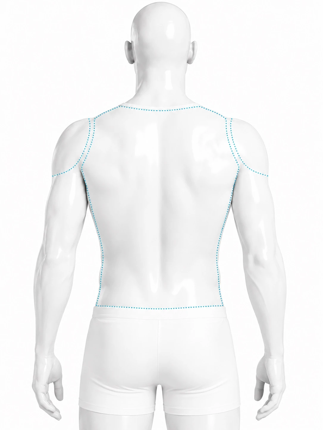 Rear-view diagram of a man with one continuous treatment zone marked: the whole back from the base of the neck down to the waistline, extended out over both shoulder caps.