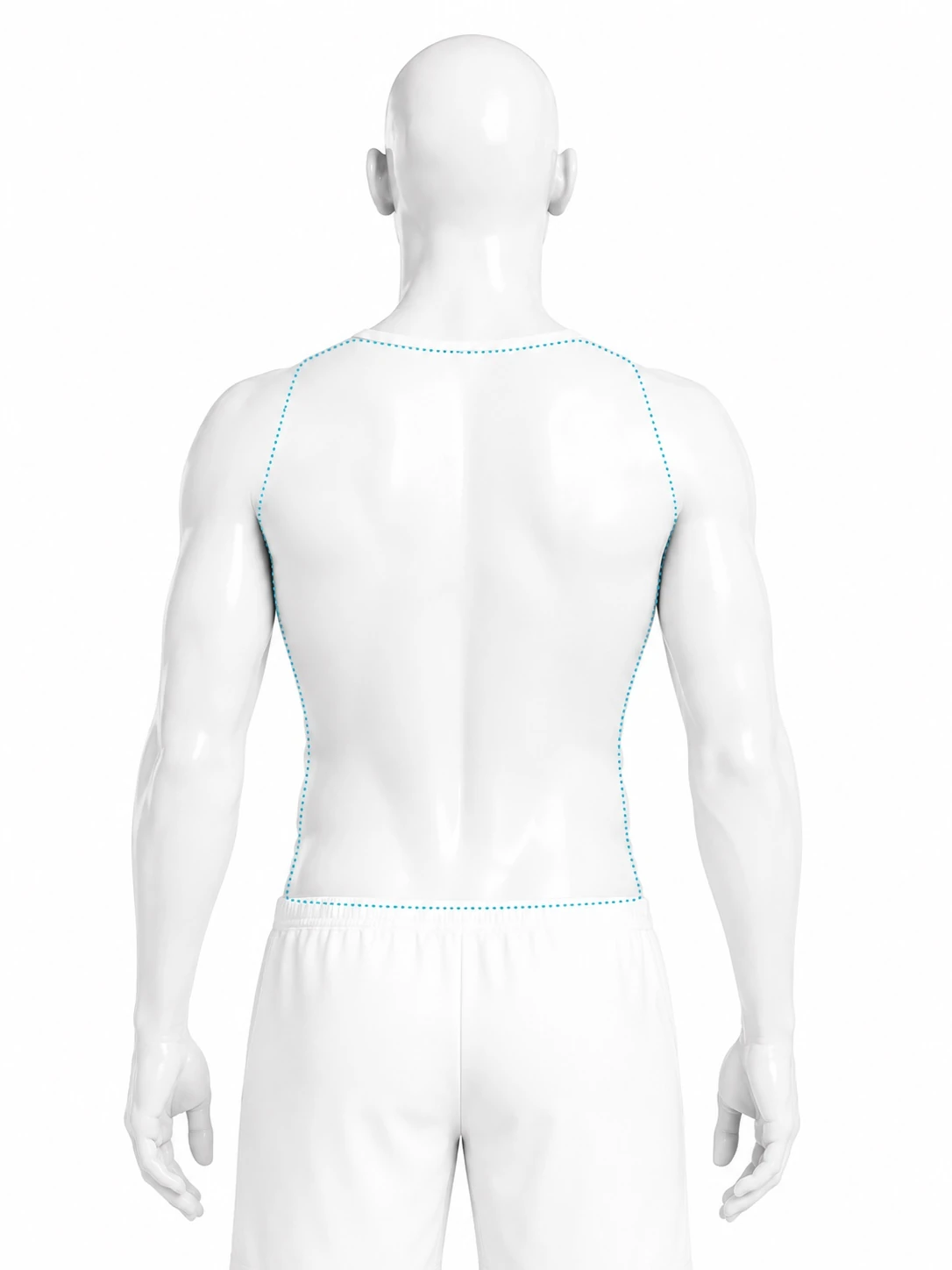 Rear-view diagram of a man with the whole back marked as one treatment zone: from the base of the neck and across the top of the back, down to the waistline. The outline curves in at each armpit, leaving the shoulder caps outside it.