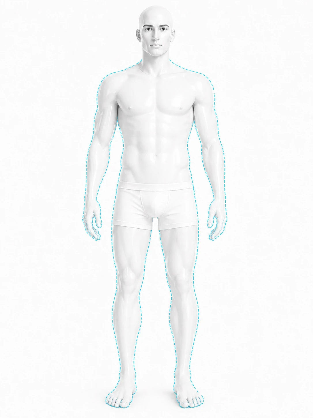 Full-length front-view diagram of a man with a single continuous outline running around the body from the shoulders down: both arms, the chest and stomach, and both legs. The head, face and neck are outside the outline.