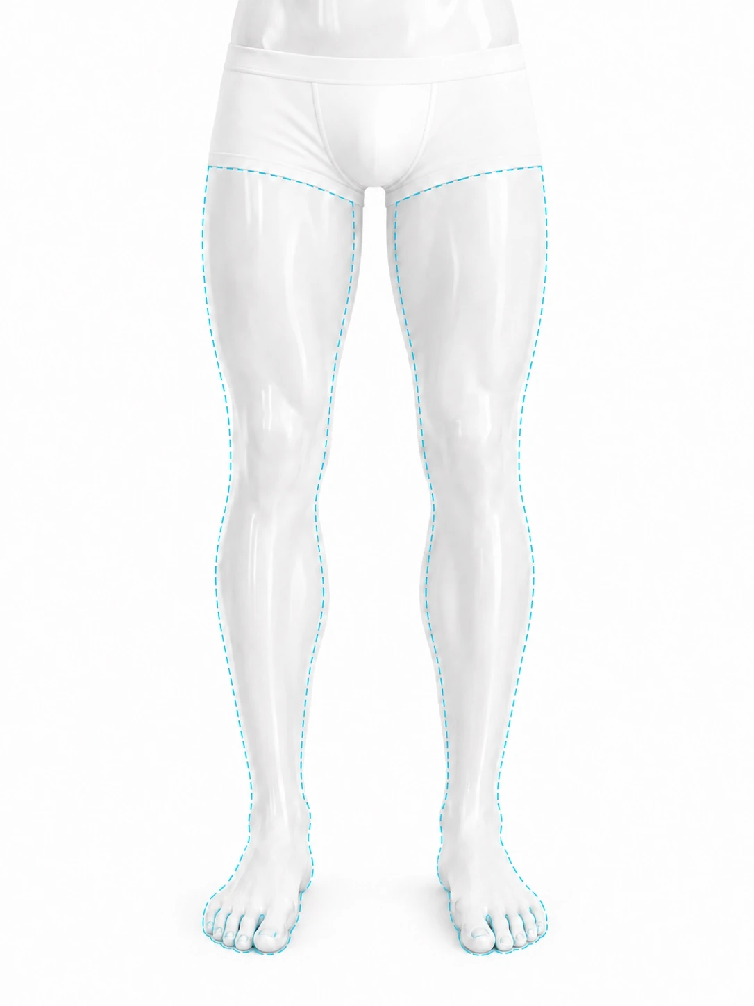 Front-view diagram of a man with the treatment zone marked on both legs: the whole of each leg from the top of the thigh down over the ankle, continuing over the feet and toes.