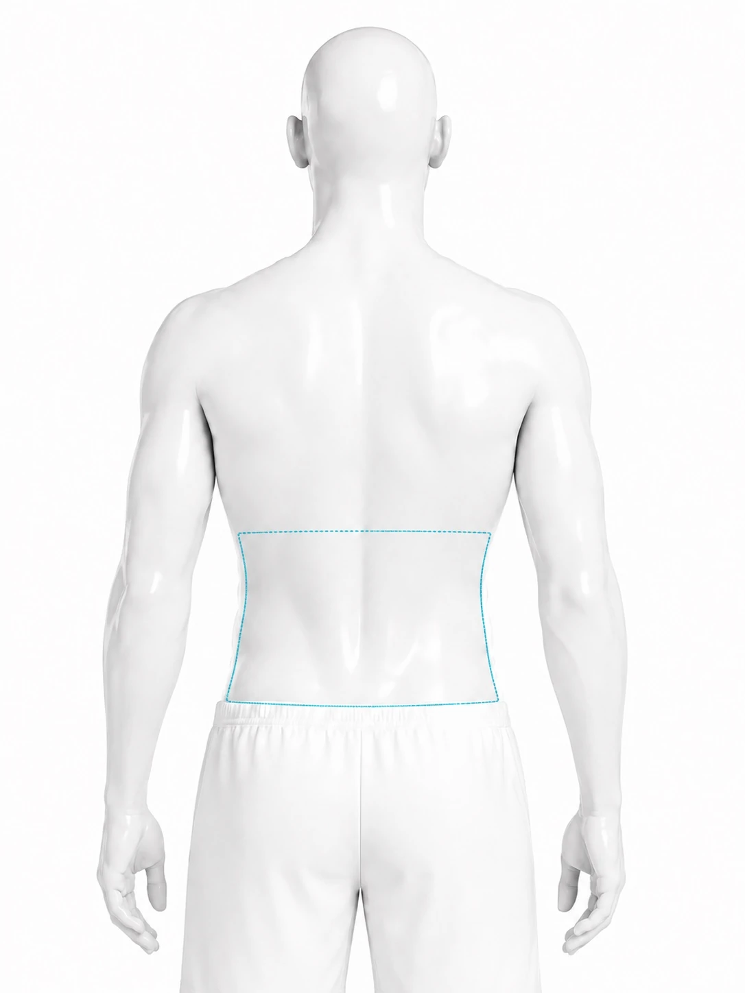 Rear-view diagram of a man with the lower back marked as a band: from below the shoulder blades down to the waistline, and out to the sides at the waist. The upper back and shoulders are not marked.