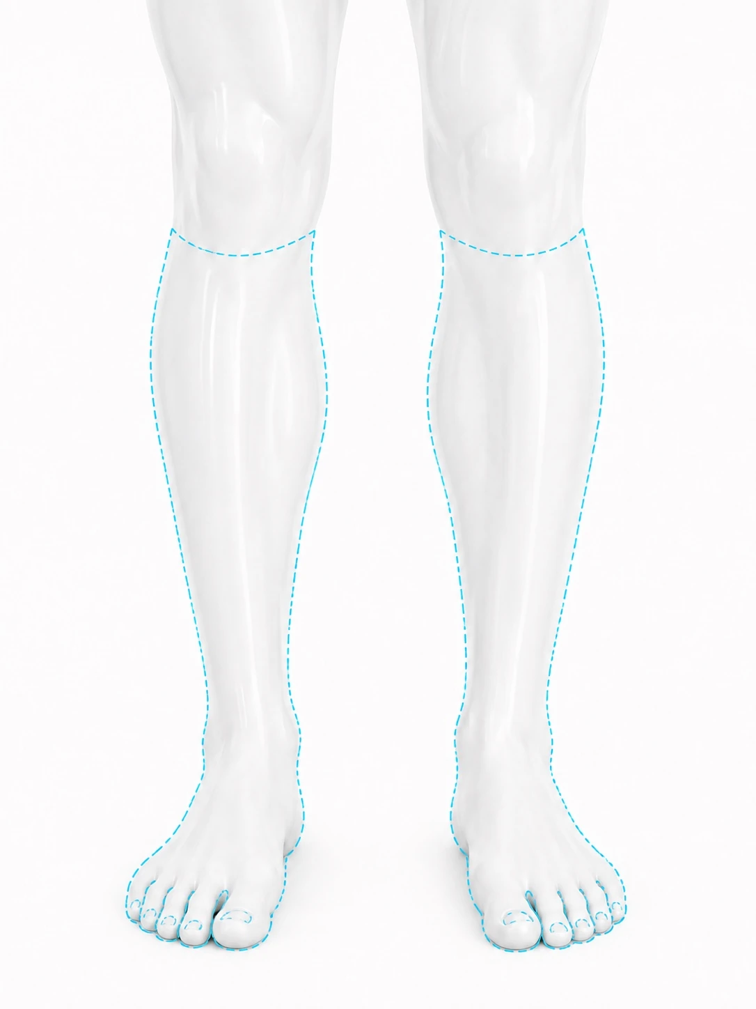 Front-view diagram of a man's lower legs with the treatment zone marked: from just below the knee down over the ankle, continuing over the feet and toes.