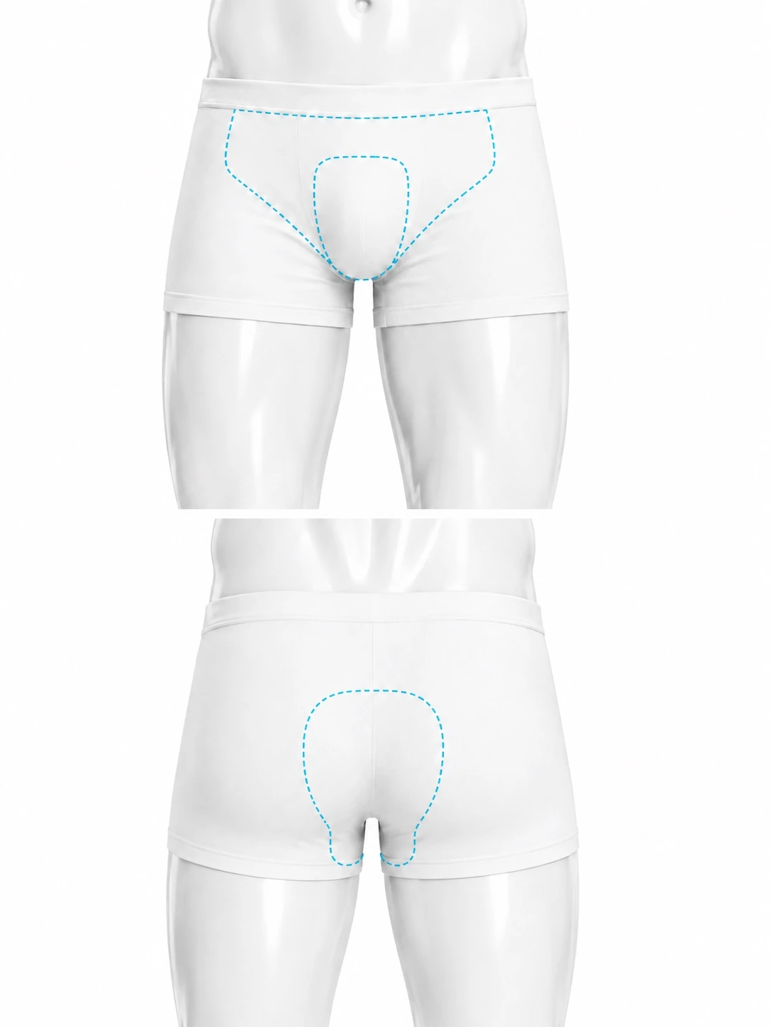Two-panel diagram. The upper panel is a front view with the treatment zone marked across the pubic area and the genital area. The lower panel is a rear view with the treatment zone marked between the buttocks.