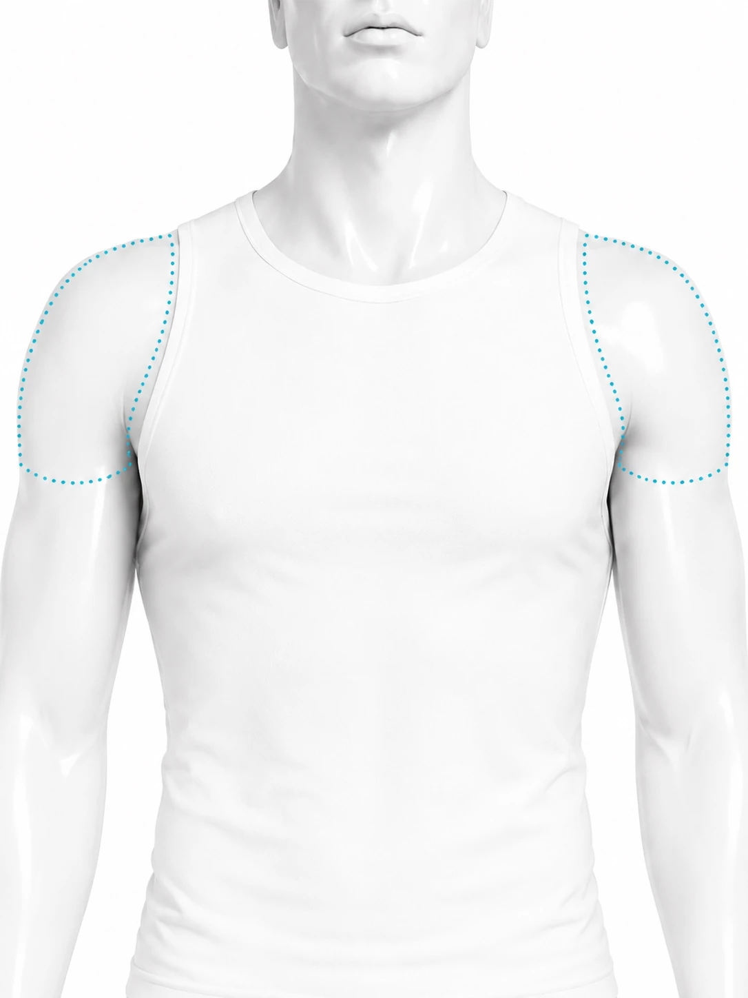 Front-view diagram of a man's upper body with the treatment zone marked on both shoulders: the cap of each shoulder, from the base of the neck out over the deltoid and down to where the arm begins.
