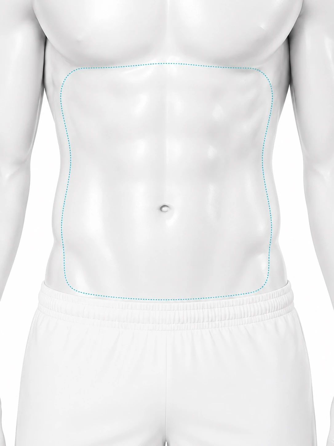 Front-view diagram of a man's torso with the stomach treatment zone marked: from below the pectorals down to the waistband, and out to the sides at the waist. The chest is not marked.
