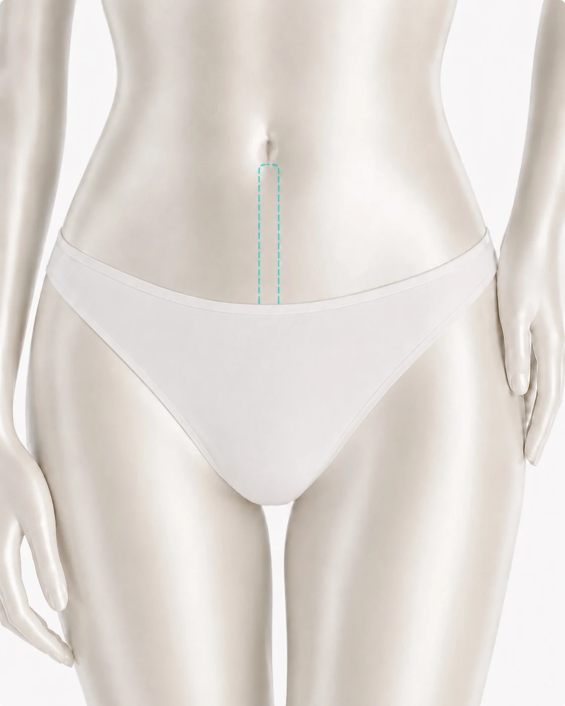 Diagram showing the navel pubic line treatment zone marked on the body: a narrow vertical strip running from just below the navel down to the top of the underwear line.