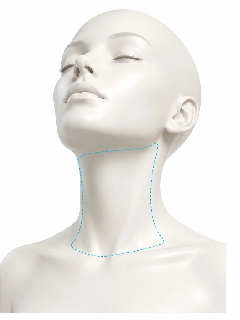 Diagram showing the front neck treatment zone marked on the body: the area from under the jaw down the throat to the collarbone. This course treats one neck area, either the front shown here or the back.