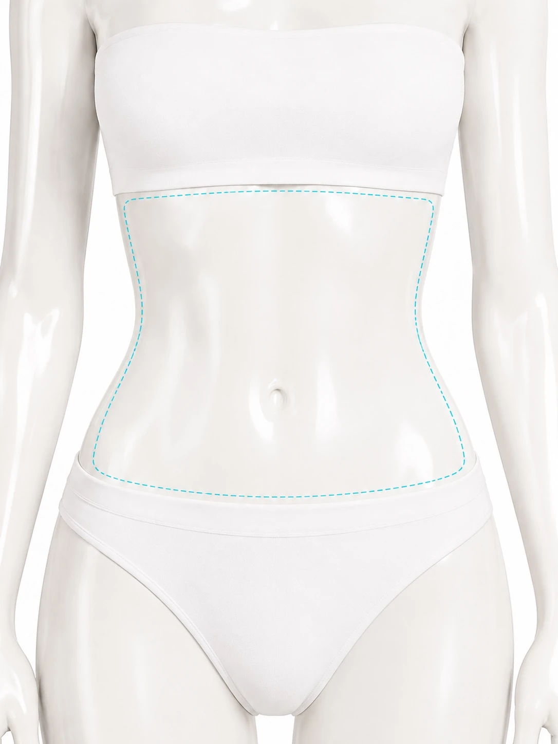 Front-view diagram with the stomach treatment zone marked: the whole abdomen from below the bust down to the underwear line, and out to the sides at the waist.