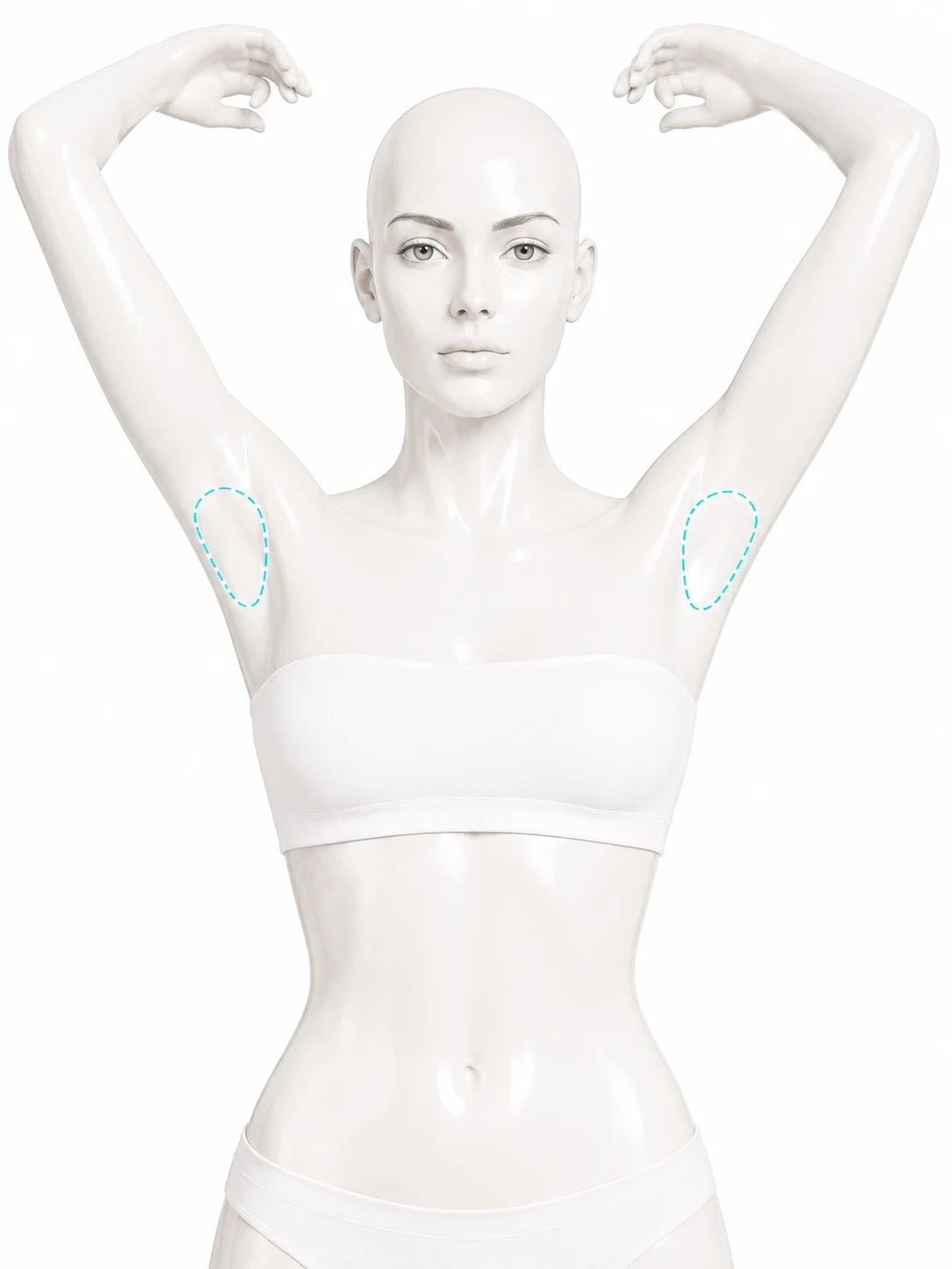 Diagram showing the underarm treatment zones marked with the arms raised: the hair-bearing area of each armpit.