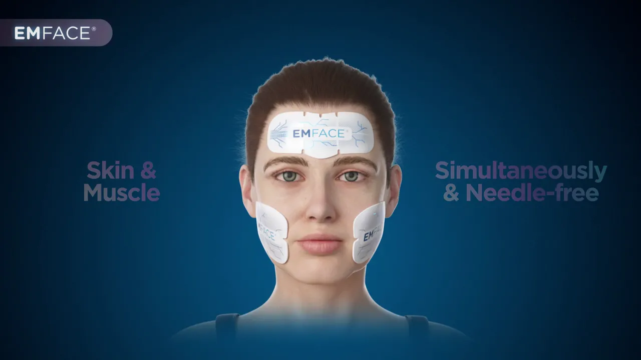 EMFACE needle-free facial lifting and toning treatment in Coventry — radiofrequency and HIFES applicators positioned on the forehead and cheeks